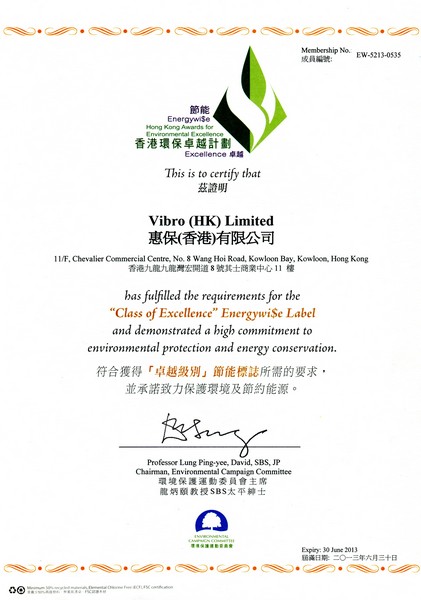 Certificate of HKAEE Energywi$e Label (Class of Excellence)